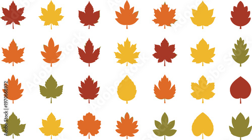 A vibrant collection of diverse autumn leaves, showcasing a spectrum of fall colors and shapes, perfect for seasonal designs, decorative elements, and conceptual mood tracking