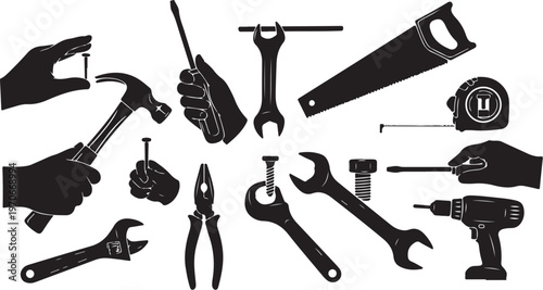 Silhouette of various hand tools and equipment for construction work