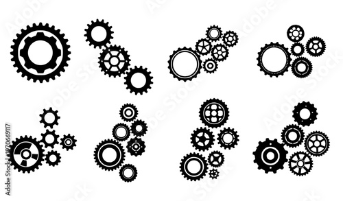 black and white icons Planetary Gear Silhouette Vector Icon Set for Mechanical Engineering and Transmission Systems