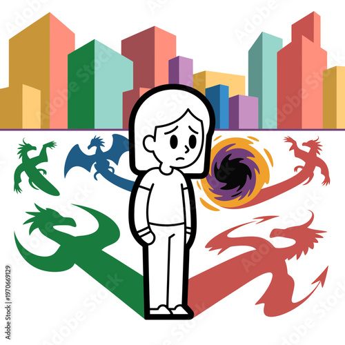 Sad young person standing alone amidst colorful city buildings surrounded by multiple mythical dragon shadows and a dark swirling vortex representing internal mental struggle