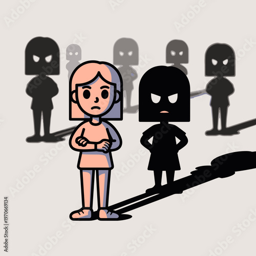 Sad lonely girl standing among dark angry shadows of peers in a minimalist vector illustration depicting social anxiety bullying isolation and peer pressure issues
