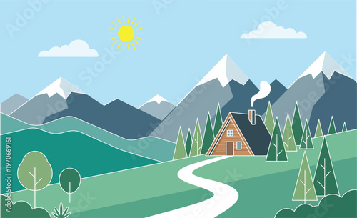 Mountain A-Frame Cabin Illustration with Winding Path and Pine Forest