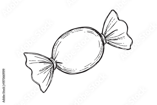 A hand drawn vector sketch of a vintage candy wrapper, illustrated with fine lines and nostalgic detail, capturing a classic sweet treat with timeless charm and retro appeal.