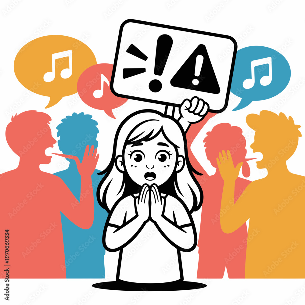 Obraz premium Shocked young woman holding warning sign amidst loud crowd with musical notes in speech bubbles expressing overwhelming noise and social sensory overload concept art