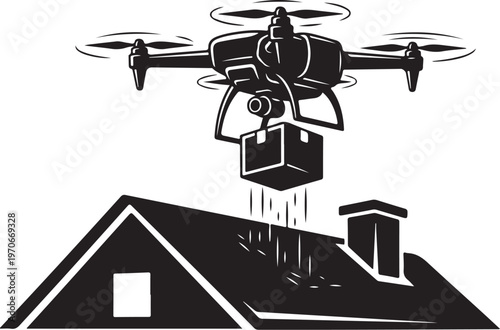 Drone delivering package to house rooftop with precision technology