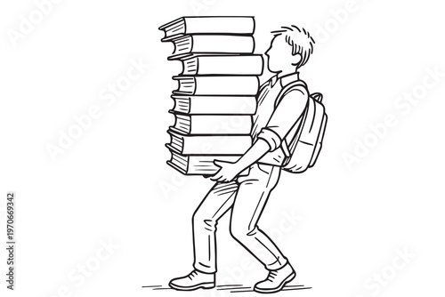 A vector illustration of a young male student carrying a heavy stack of books, symbolizing dedication to education, learning challenges, and the pursuit of knowledge.