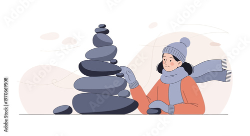 Zen Winter Harmony As Person Balances Stones