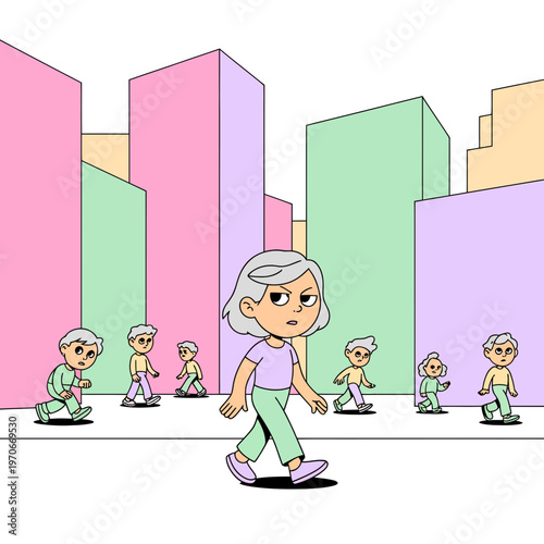 Cartoon woman walking through a busy city street surrounded by multiple clones of herself in a stylized flat vector illustration featuring pastel colored buildings and shapes