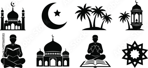 Islamic Icon Set with Praying Man Reading Quran Mosque and Palm Tree Silhouette Vector
