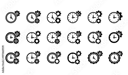 Gear clock time management icon set in flat black style with productivity and efficiency symbols isolated on white
