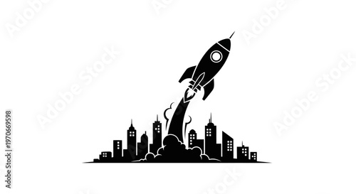 Rocket ship launching over city skyline.
