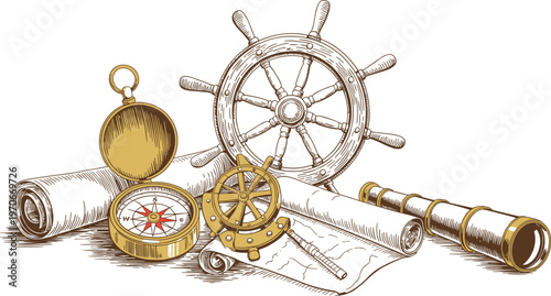 Vintage nautical vector illustration set featuring a ship wheel, golden compass, telescope, and rolled paper maps for maritime exploration designs.