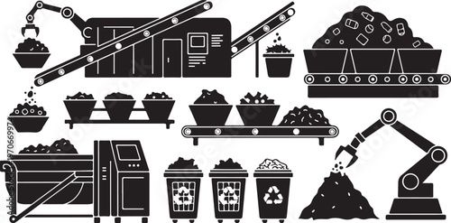 Recycling factory equipment and waste management systems illustration set