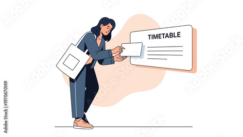 Woman checking timetable on a notice board, modern illustration, planning, organization