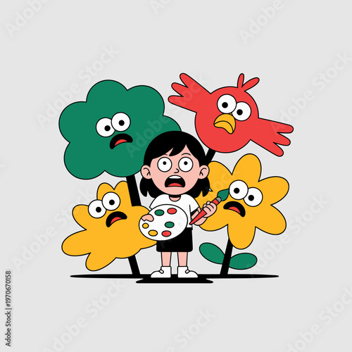Shocked young artist girl holding paint palette and brush surrounded by surprised cartoon nature elements like flowers and a bird in a whimsical flat vector illustration
