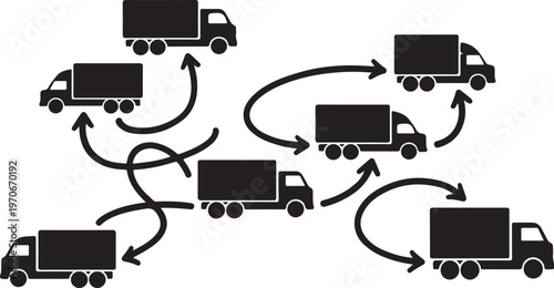 Black trucks driving in different directions on white background