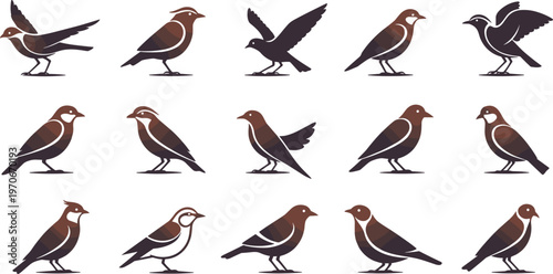Collection of stylized bird icons and silhouettes in brown and black tones