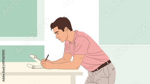 Young man leaning on desk, writing in notebook, focused on task