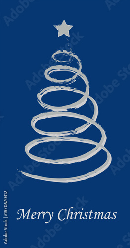 Blue Christmas card with abstract spiral tree and star, minimal elegant holiday background