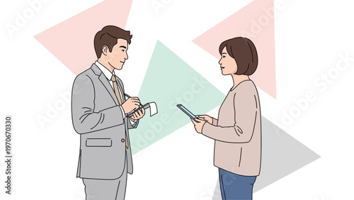 Business meeting: man in suit taking notes, woman with tablet, abstract background