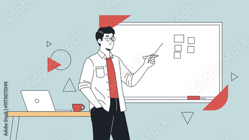 Man Teaching at Whiteboard with Laptop and Coffee, Modern Education Concept