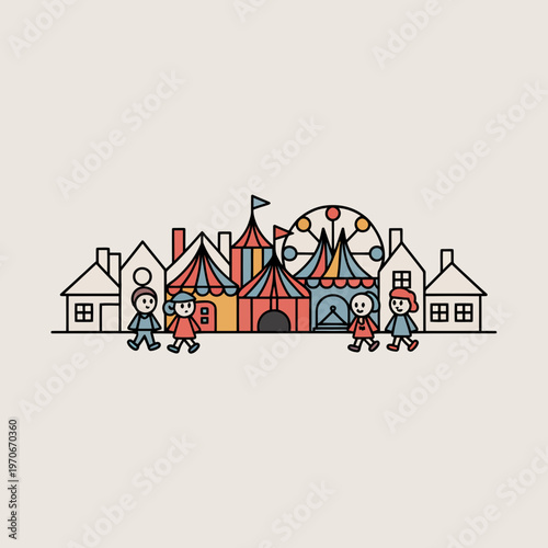 Stylized cartoon fairground illustration with small houses and people walking together in a whimsical town setting featuring colorful tents and a ferris wheel design
