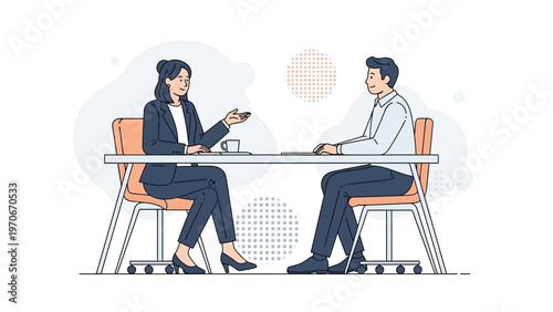 Business meeting: woman interviewer and man candidate sitting at desk, discussing.