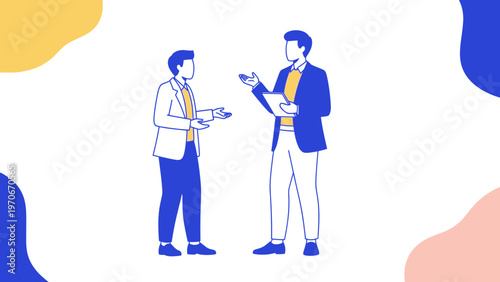 Two businessmen discussing ideas, modern flat illustration with abstract shapes background