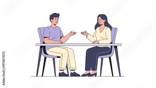 Two people sitting at a table, talking and gesturing, illustration