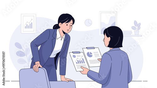 Businesswomen discussing financial reports in office meeting, teamwork, strategy planning