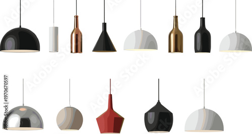 Set of Modern Pendant Lighting Fixtures with Various Shapes and Colors for Interior Design, Home Decor, and Contemporary Spaces