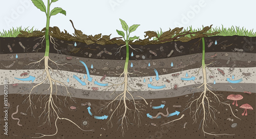 Soil ecosystem with plants roots and microorganisms
