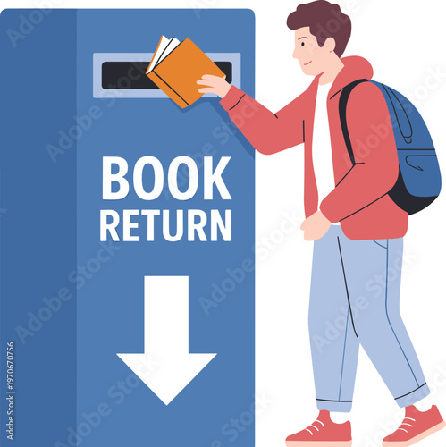 Young male student with backpack returning a borrowed book to a library book return drop box vector illustration for education.