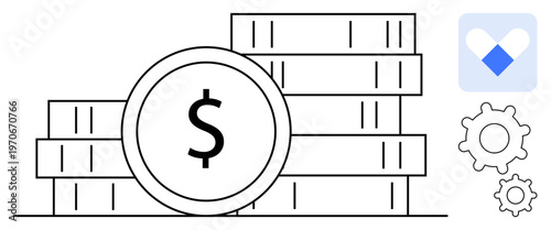 Financial services, healthcare funding, technology investment, medical systems, economic growth, system optimization. A stack of coins, dollar sign healthcare and gear icons. Financial services