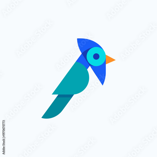 Vibrant geometric bird illustration featuring a modern abstract design in blue and turquoise, evoking a serene and dreamlike artistic aesthetic
