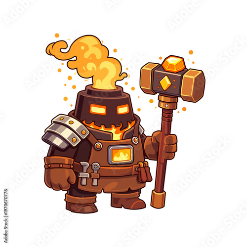 Game character of a blacksmith with a glowing furnace head and large hammer isolated on a white background