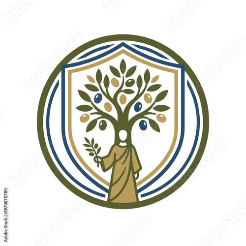Elegant dreamlook emblem with a classical figure nurturing an olive tree within a shield, representing tradition, prosperity, and enduring peace