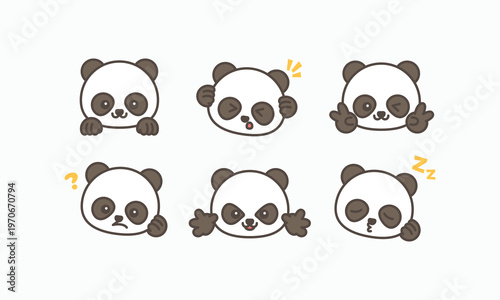 Six cute panda faces show different expressions. Each face conveys a unique emotion or state. They look curious, sleepy, or confused. Ideal for playful design or children's content