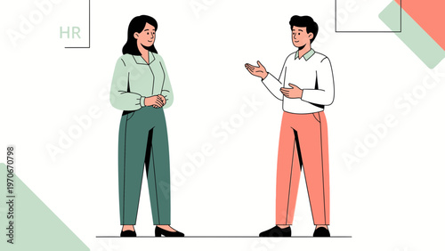 HR professional discussing with employee, modern flat illustration, business meeting concept
