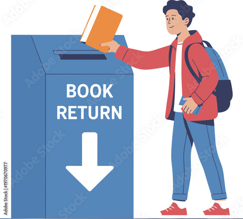 Young male student with backpack returning a borrowed book to a library book return drop box vector illustration for education.