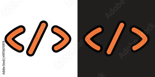 Orange and black angle brackets on white and black background, minimalist design, programming symbols, contrasting colors.
