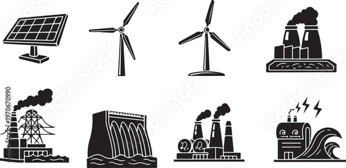 Renewable Energy Icons Compared to Fossil Fuel Power Plants