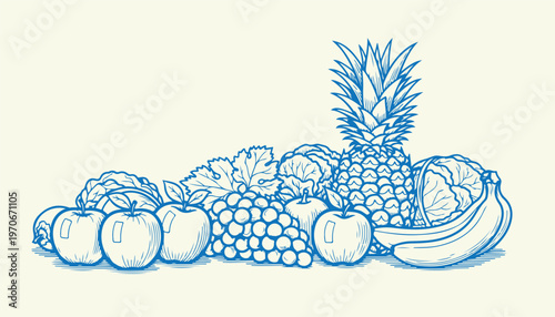 Variety of fresh fruits and vegetables, blue outline drawing, bountiful harvest.