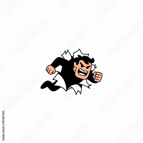 Cartoon angry businessman character bursting through white paper background representing breaking boundaries and overcoming professional obstacles with dynamic energy design