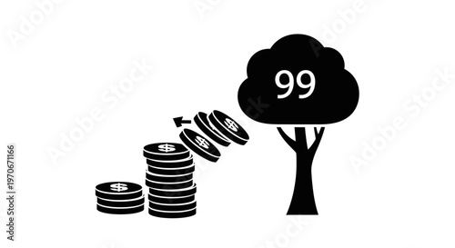 Illustration of money growth and investment with coins stacking up and flowing towards a tree marked with the number 99, symbolizing financial development.