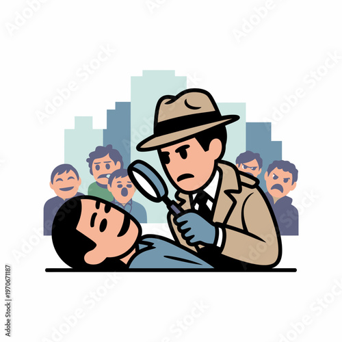 Detective examining crime scene with magnifying glass amidst curious crowd in cartoon style illustration showing investigation concept with bold lines and flat colors