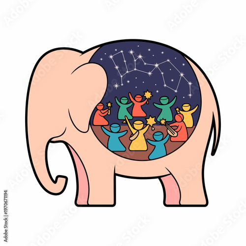 Stylized elephant silhouette containing a celestial night scene with a joyful group of people dancing beneath a starry constellation design in a whimsical artistic illustration