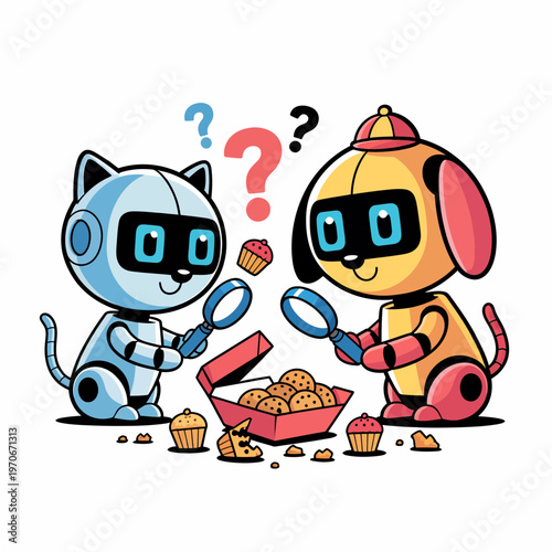 Cute cartoon robot cat and dog investigating a box of delicious mini cupcakes with magnifying glasses and question marks in a playful white background digital illustration