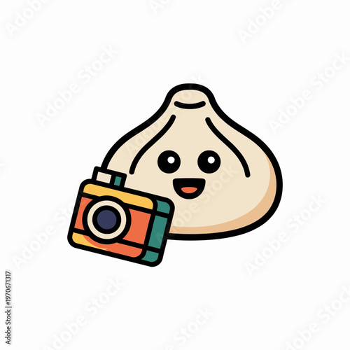 Cute cartoon khinkali dumpling character holding a retro camera for travel photography concept isolated on a plain white background in a playful flat vector illustration style