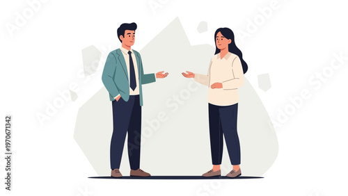 Business meeting: man and woman discussing ideas, modern flat illustration